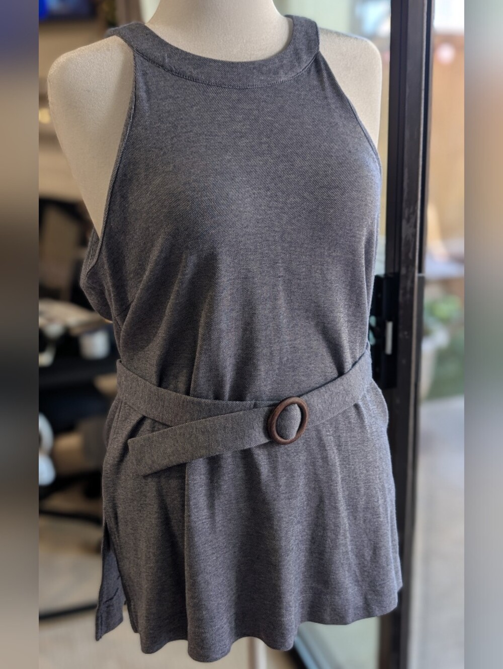 Anthropologie Sleeveless Stretchy Gray Tunic with Belt, Cotton Blend